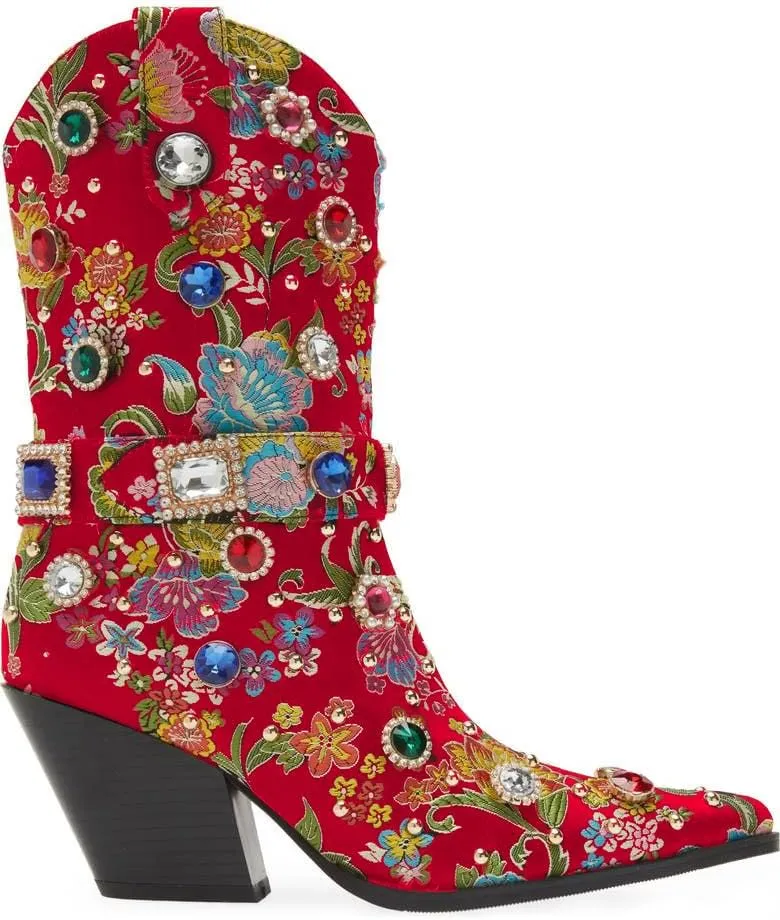 LOCERICH Women Rhinestone Cowboy Sparkly Cowgirl Boots Diamond Western Floral Embroidery Mid Calf Booties