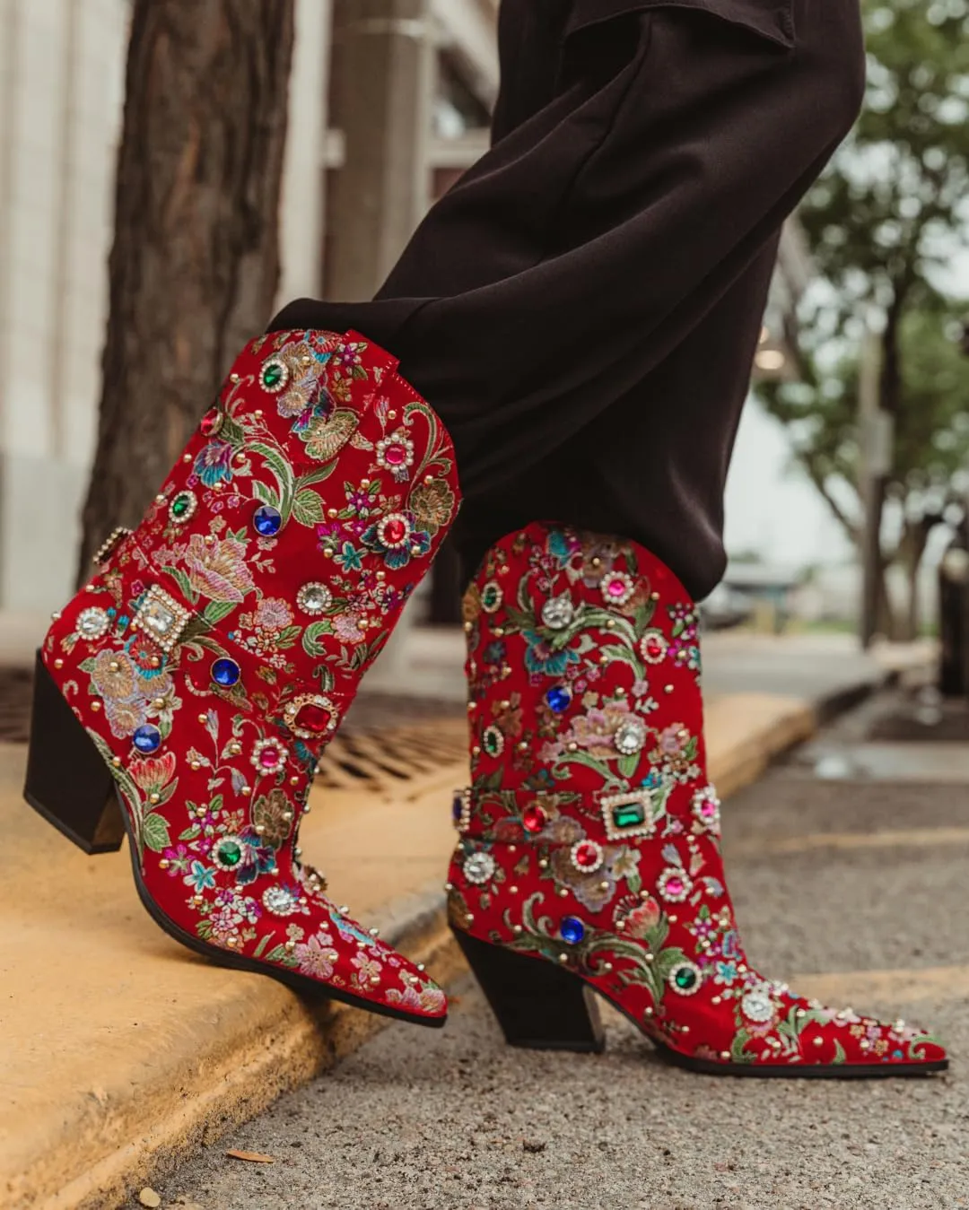 LOCERICH Women Rhinestone Cowboy Sparkly Cowgirl Boots Diamond Western Floral Embroidery Mid Calf Booties