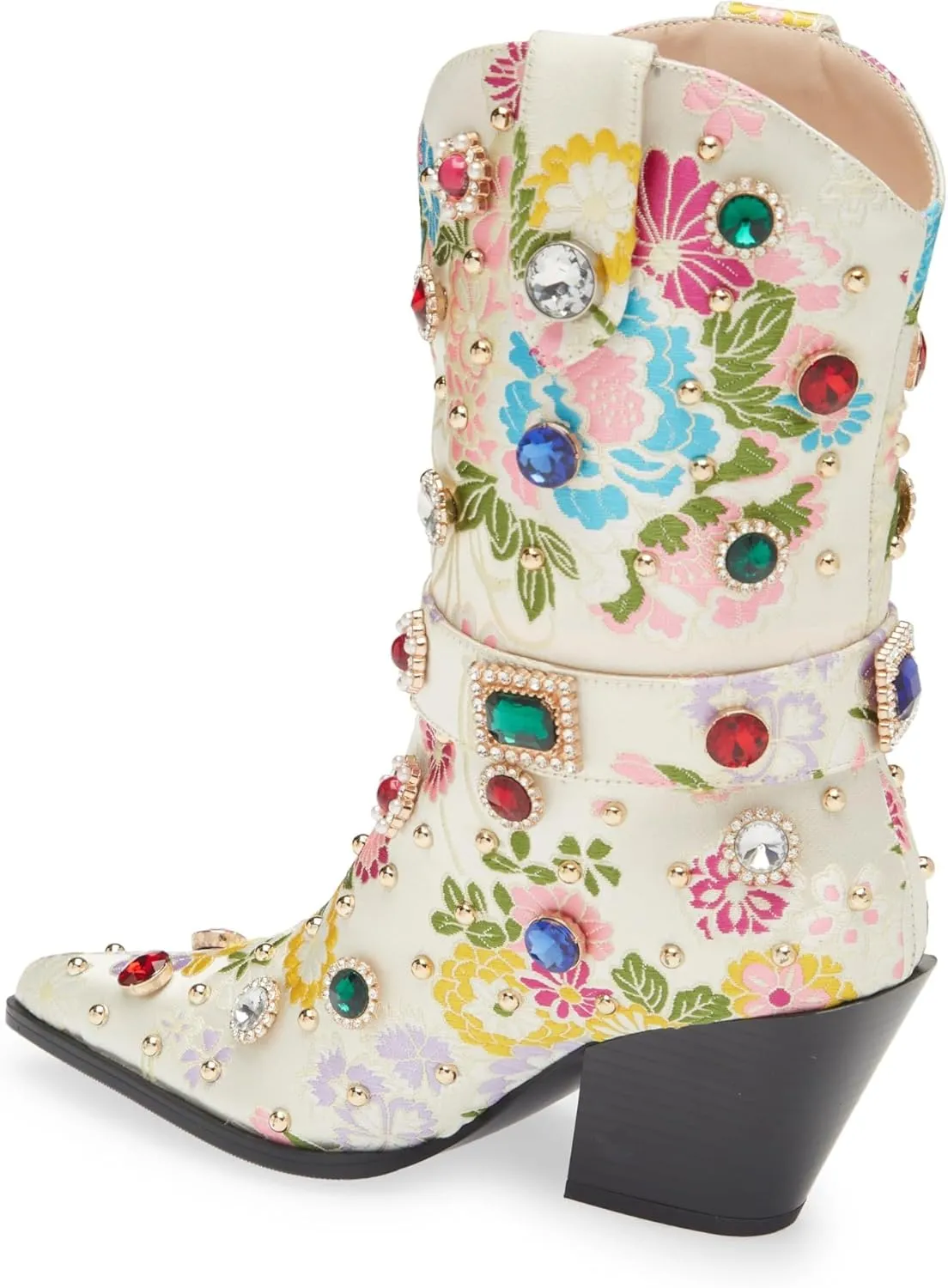 LOCERICH Women Rhinestone Cowboy Sparkly Cowgirl Boots Diamond Western Floral Embroidery Mid Calf Booties