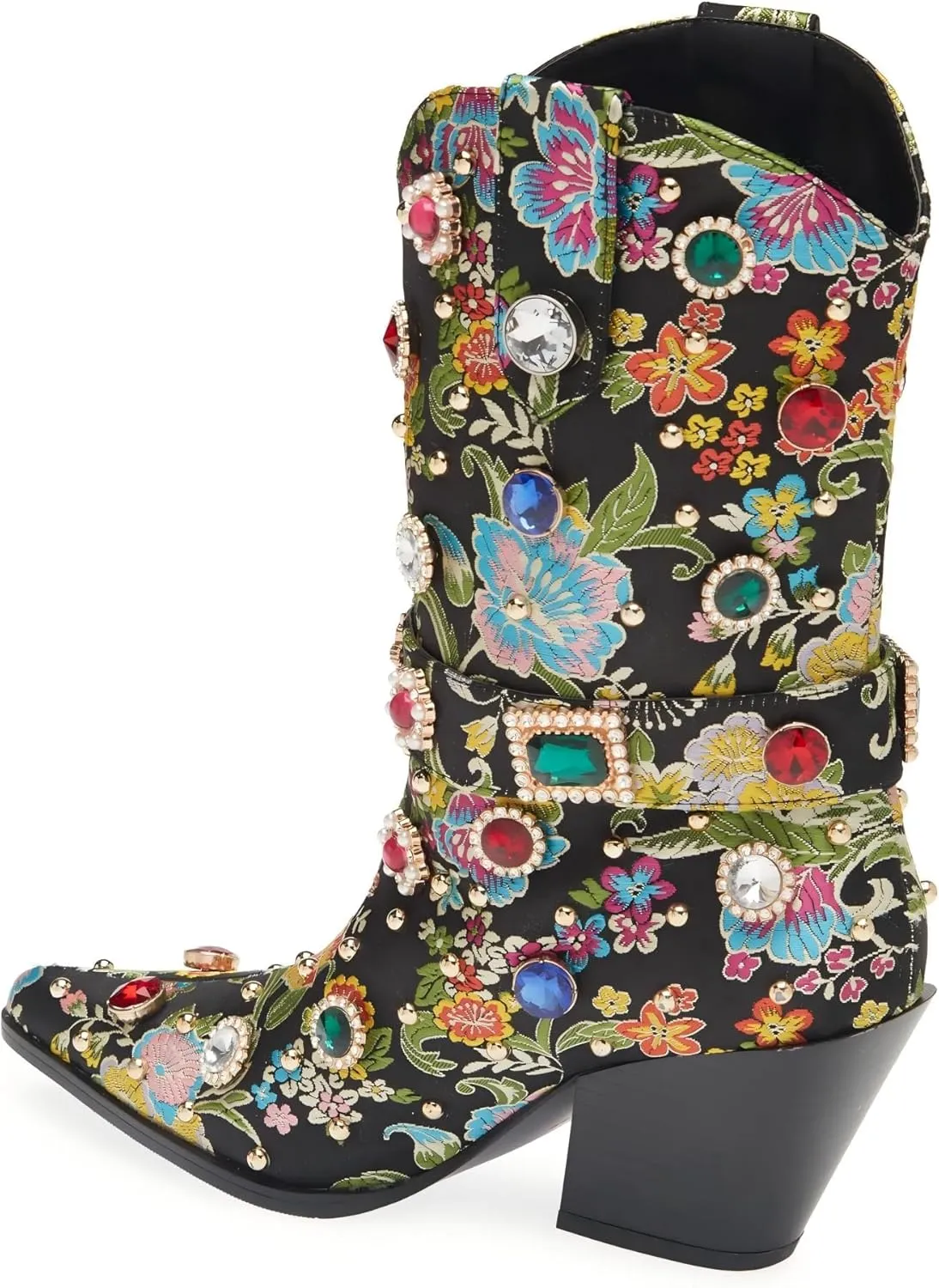 LOCERICH Women Rhinestone Cowboy Sparkly Cowgirl Boots Diamond Western Floral Embroidery Mid Calf Booties