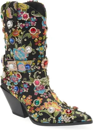 LOCERICH Women Rhinestone Cowboy Sparkly Cowgirl Boots Diamond Western Floral Embroidery Mid Calf Booties