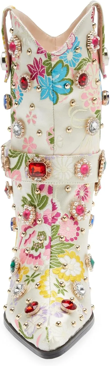 LOCERICH Women Rhinestone Cowboy Sparkly Cowgirl Boots Diamond Western Floral Embroidery Mid Calf Booties