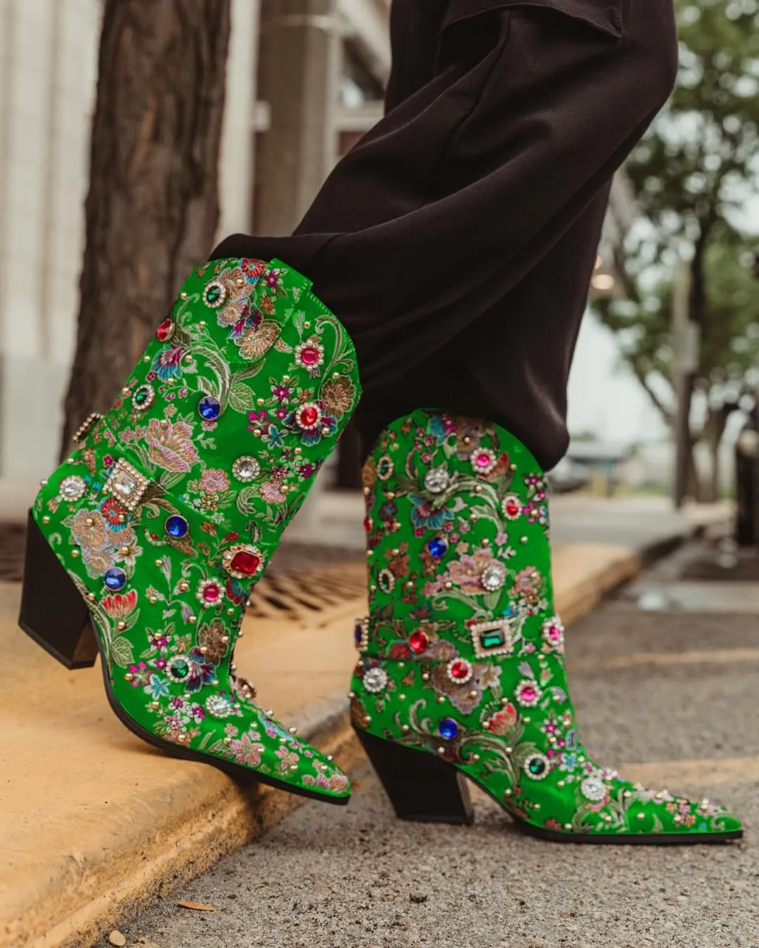 LOCERICH Women Rhinestone Cowboy Sparkly Cowgirl Boots Diamond Western Floral Embroidery Mid Calf Booties