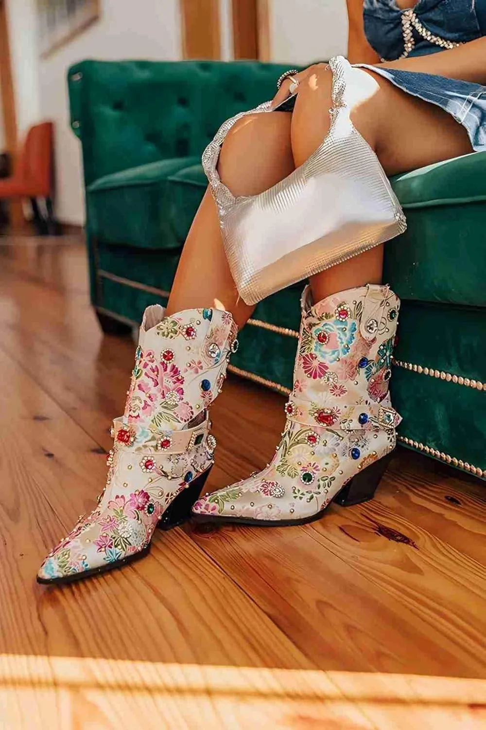 LOCERICH Women Rhinestone Cowboy Sparkly Cowgirl Boots Diamond Western Floral Embroidery Mid Calf Booties