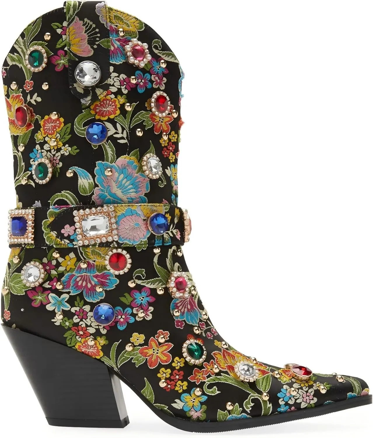 LOCERICH Women Rhinestone Cowboy Sparkly Cowgirl Boots Diamond Western Floral Embroidery Mid Calf Booties