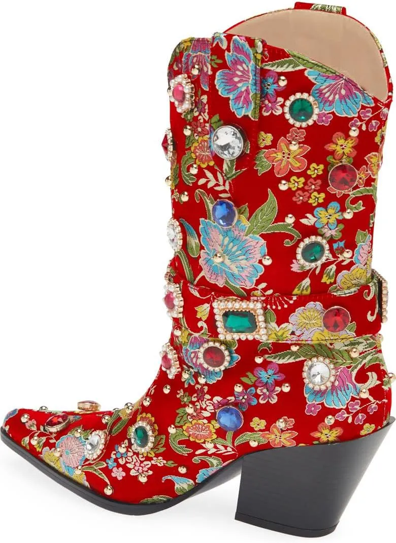 LOCERICH Women Rhinestone Cowboy Sparkly Cowgirl Boots Diamond Western Floral Embroidery Mid Calf Booties