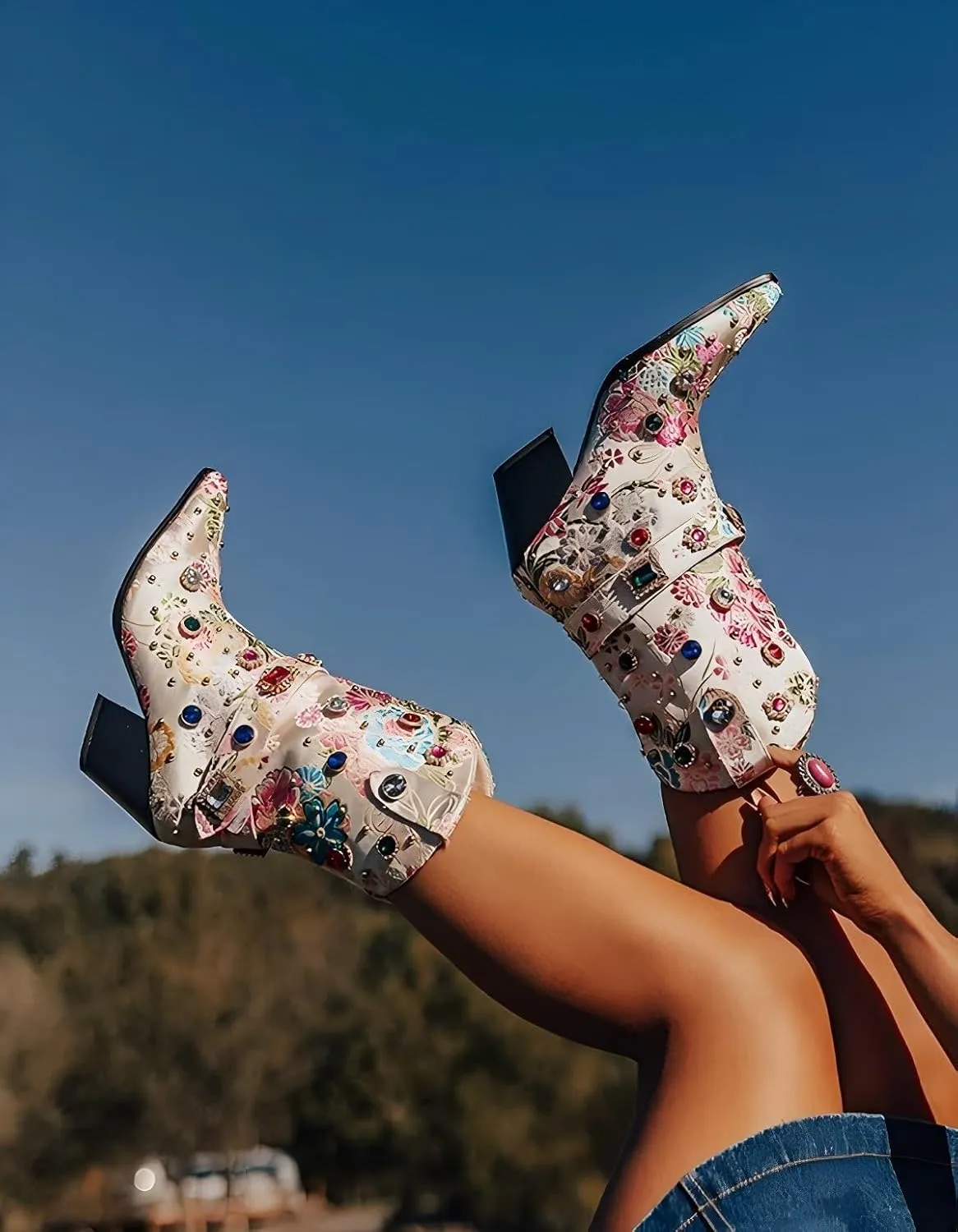 LOCERICH Women Rhinestone Cowboy Sparkly Cowgirl Boots Diamond Western Floral Embroidery Mid Calf Booties