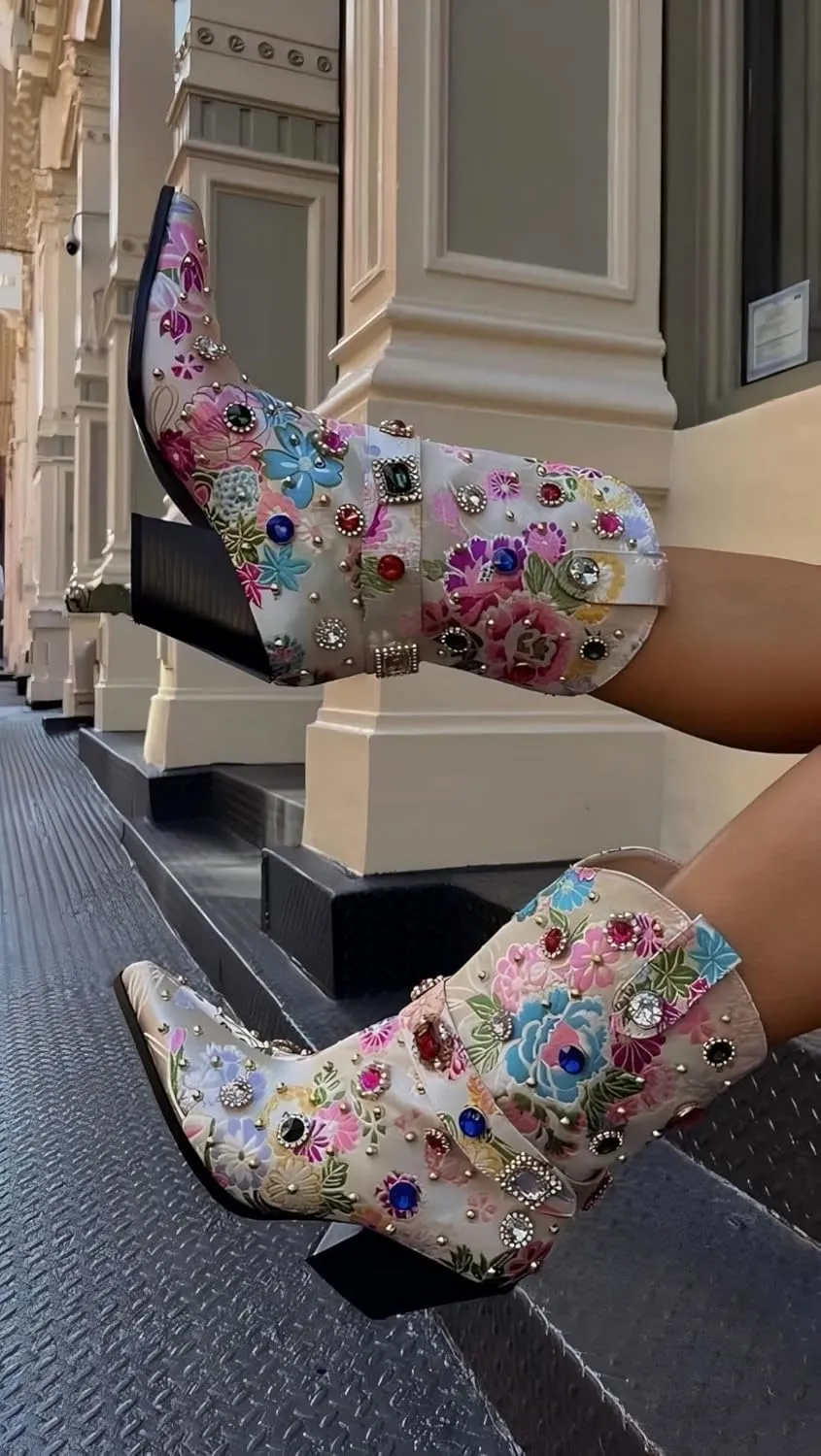 LOCERICH Women Rhinestone Cowboy Sparkly Cowgirl Boots Diamond Western Floral Embroidery Mid Calf Booties