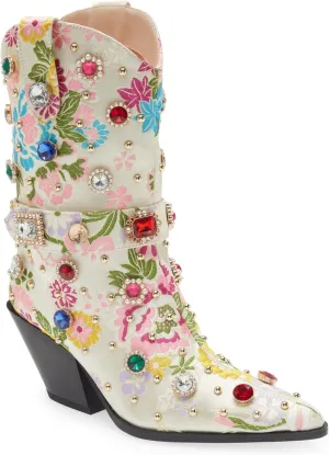 LOCERICH Women Rhinestone Cowboy Sparkly Cowgirl Boots Diamond Western Floral Embroidery Mid Calf Booties