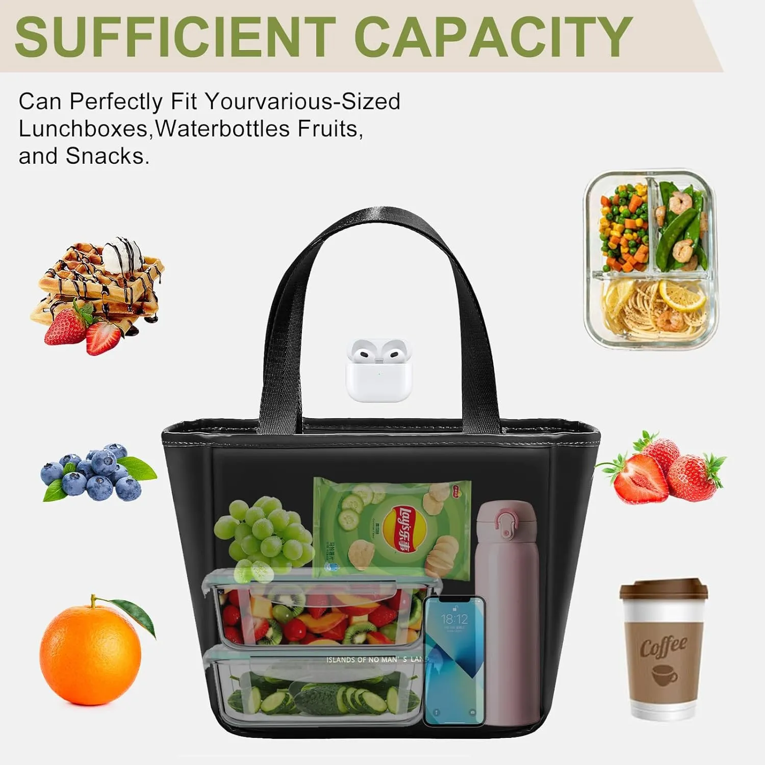 Lunch Box for Women, Lunch Bag for Women Simple Reusable Insulated Lunch Tote Bag Cute Cooler Food Storage Bags for Work, Office or Picnic (Black)