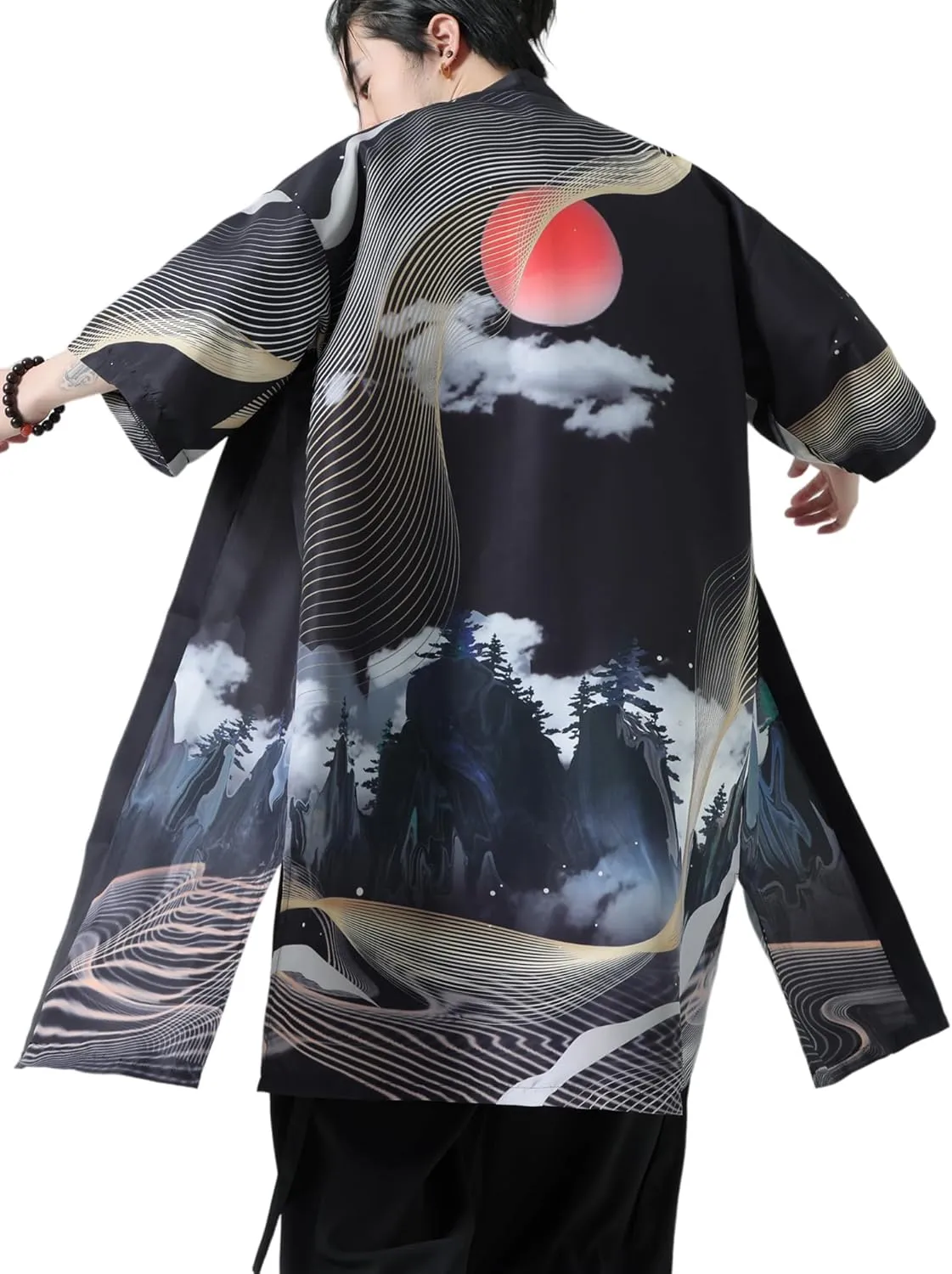 Men Japanese Kimono Coat Loose Yukata Outwear Long Bathrobe Tops Vintage