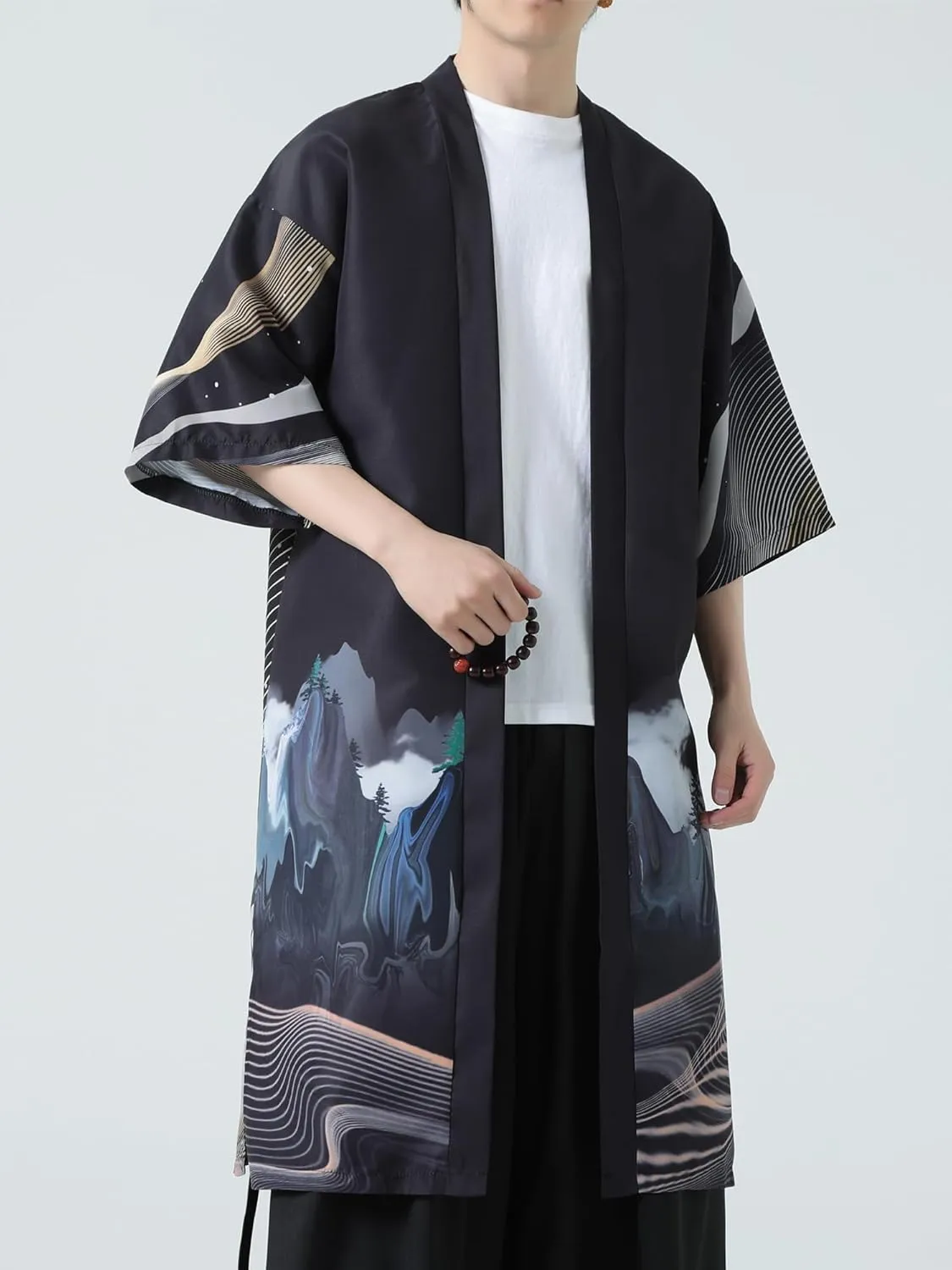 Men Japanese Kimono Coat Loose Yukata Outwear Long Bathrobe Tops Vintage