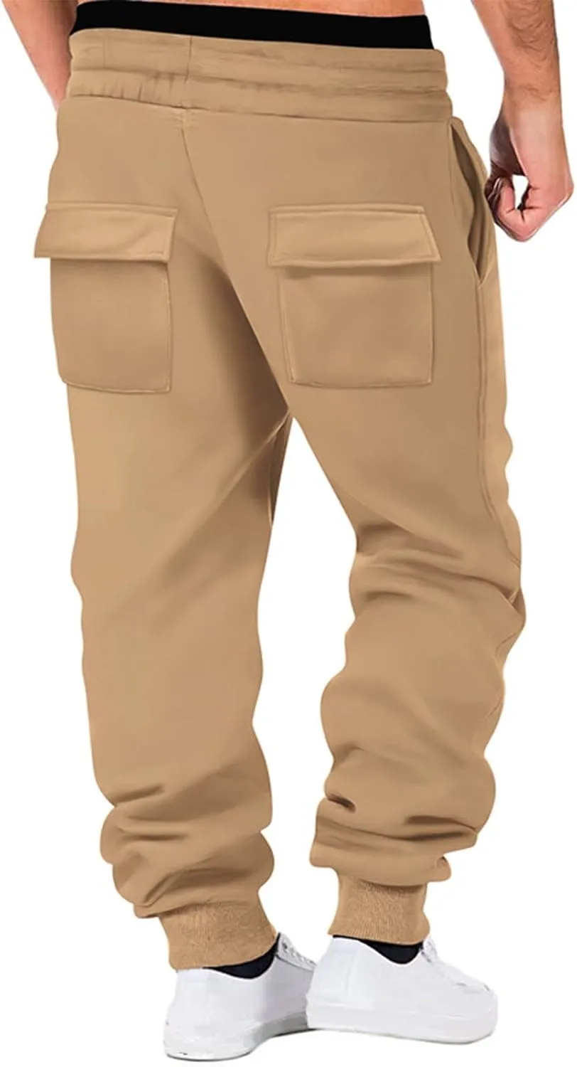 Men's Cargo Sweatpants with Multic Pockets Casual Athletic Tapered Jogger Pants Drawstring Hiking Sweat Pants Fleece