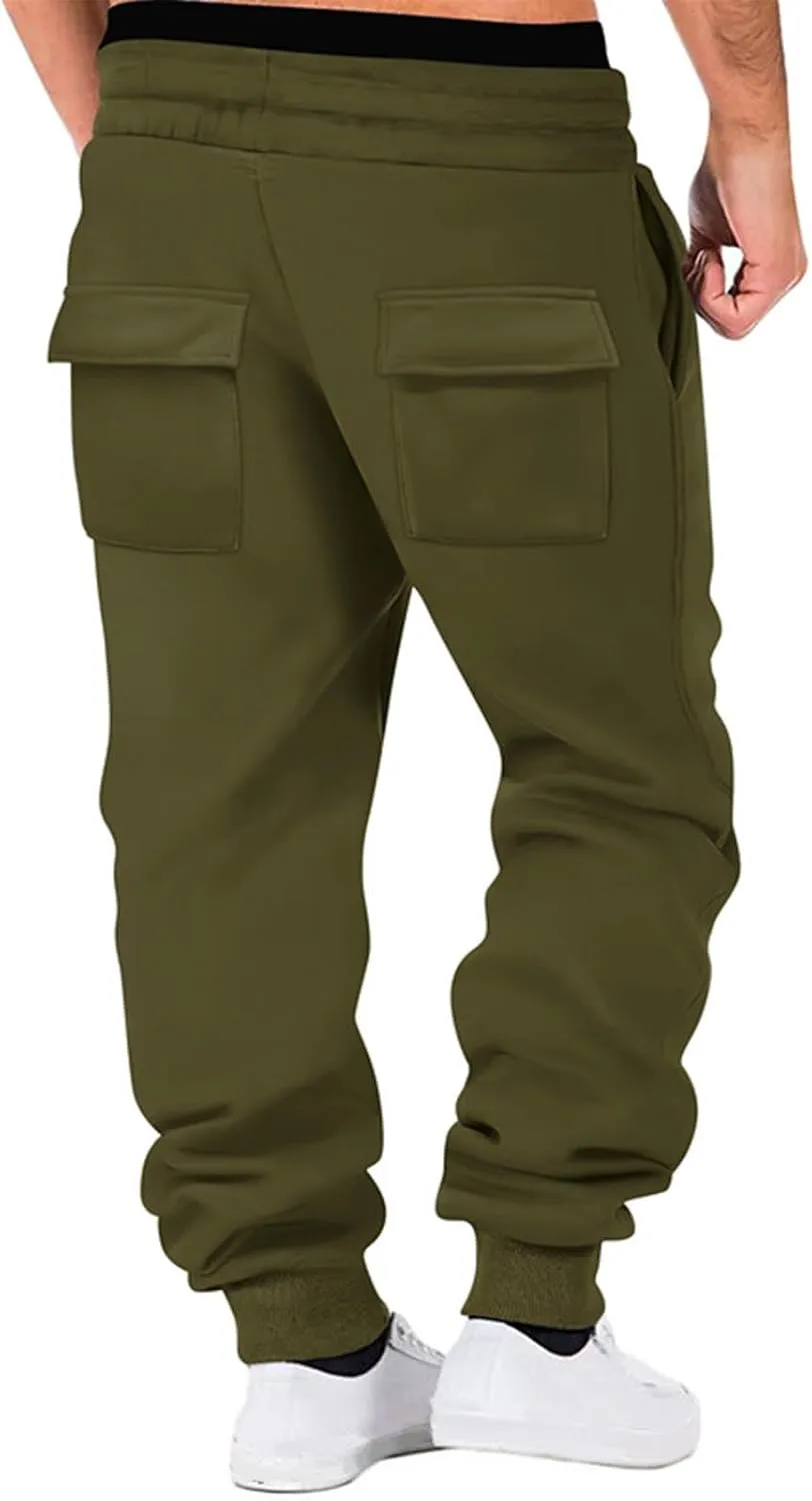 Men's Cargo Sweatpants with Multic Pockets Casual Athletic Tapered Jogger Pants Drawstring Hiking Sweat Pants Fleece