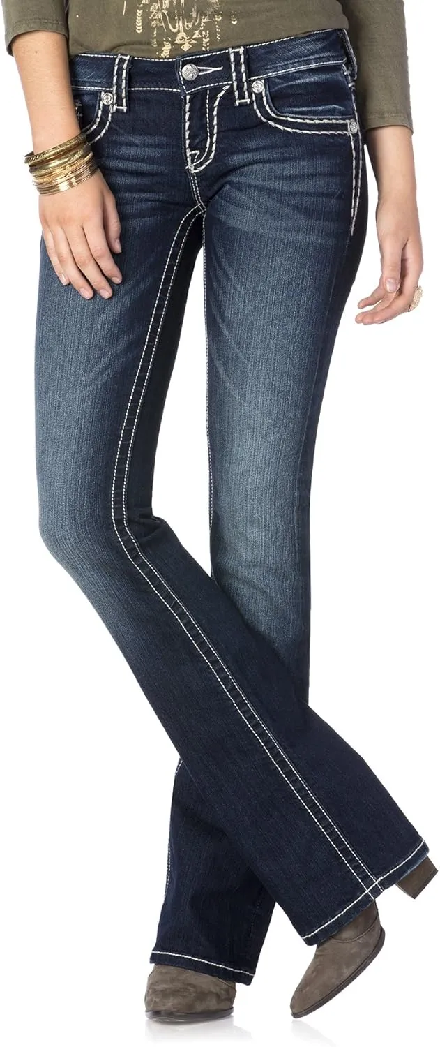 Miss Me Women's Loose Saddle Stitch Border Boot Cut Jean