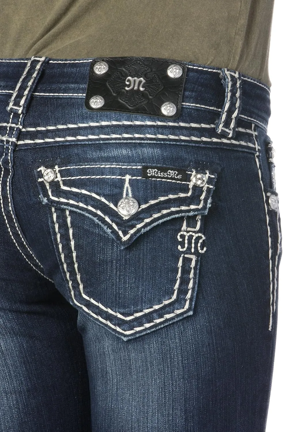 Miss Me Women's Loose Saddle Stitch Border Boot Cut Jean