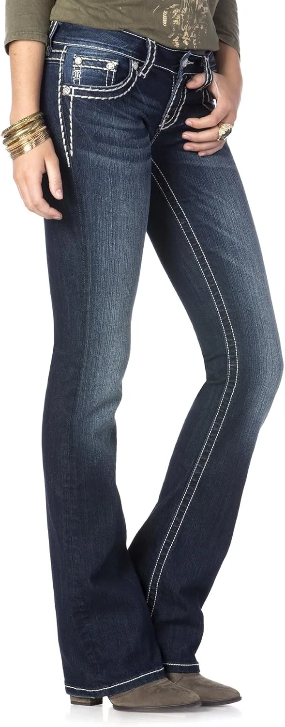 Miss Me Women's Loose Saddle Stitch Border Boot Cut Jean