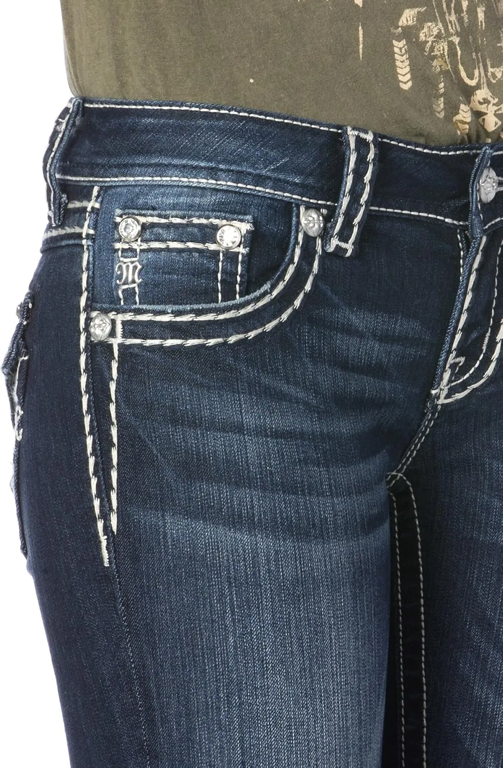 Miss Me Women's Loose Saddle Stitch Border Boot Cut Jean