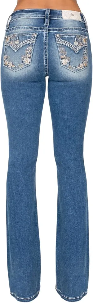 Miss Me Women's Mid Rise Bootcut Jeans, Faux Flap Pockets with Floral Embroidery, Boot Cut Stretch Denim Pants, Slim Fit