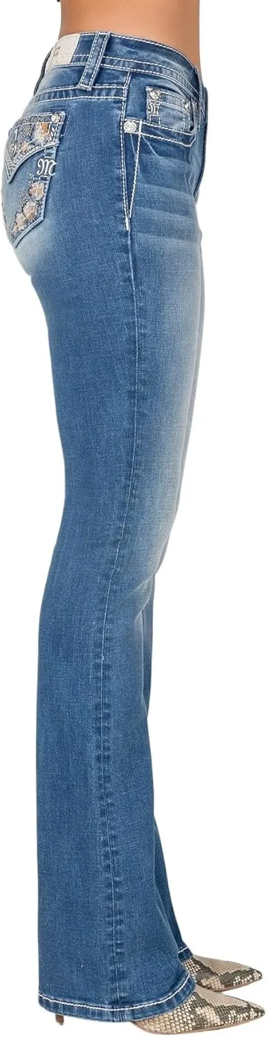 Miss Me Women's Mid Rise Bootcut Jeans, Faux Flap Pockets with Floral Embroidery, Boot Cut Stretch Denim Pants, Slim Fit