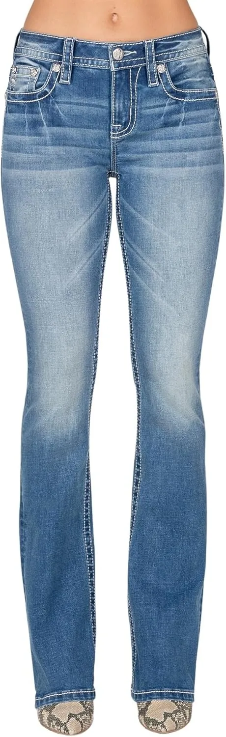 Miss Me Women's Mid Rise Bootcut Jeans, Faux Flap Pockets with Floral Embroidery, Boot Cut Stretch Denim Pants, Slim Fit