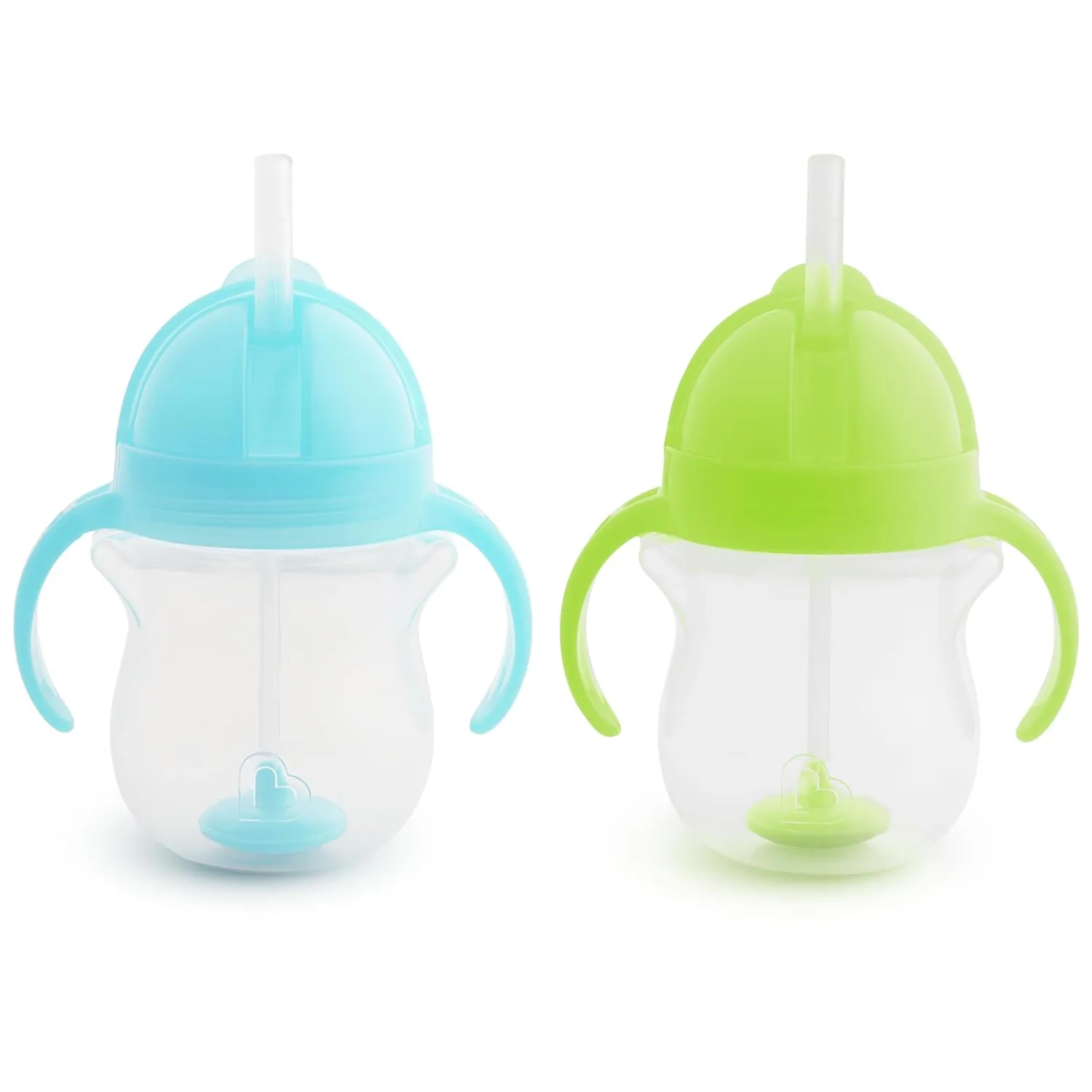 Munchkin Any Angle Sippy Cups for Toddlers, Spill Proof Weighted Straw Cup with Transition Handles for Babies 6 Months and Up, 2 Pack, Blue/Green