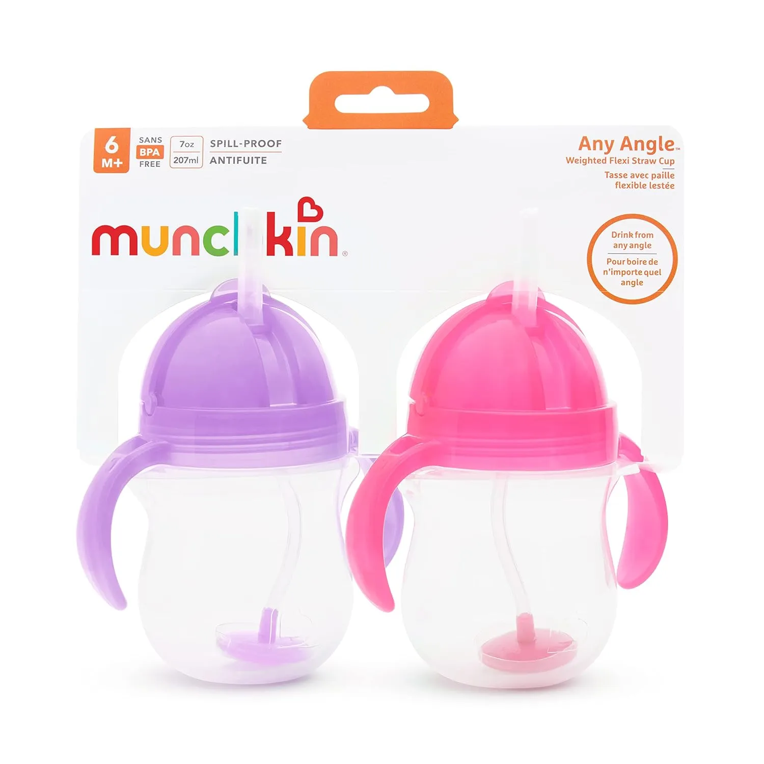 Munchkin Any Angle Sippy Cups for Toddlers, Spill Proof Weighted Straw Cup with Transition Handles for Babies 6 Months and Up, 7 Ounce, 2 Pack, Pink/Purple
