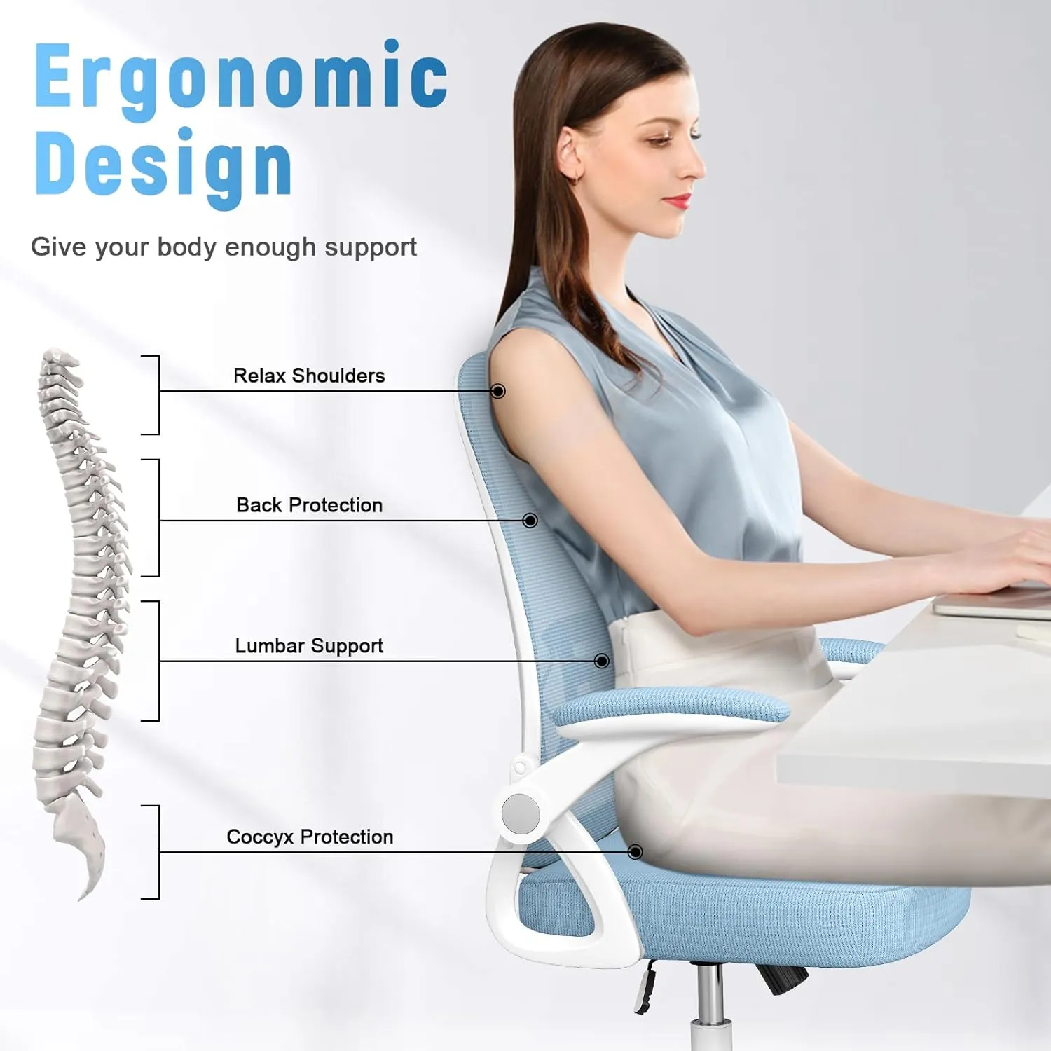 naspaluro Ergonomic Office Chair, Mid Back Desk Chair with Adjustable Height, Swivel Chair with Flip-Up Arms and Lumbar Support, Breathable Mesh Computer Chair for Home/Study/Working, Blue