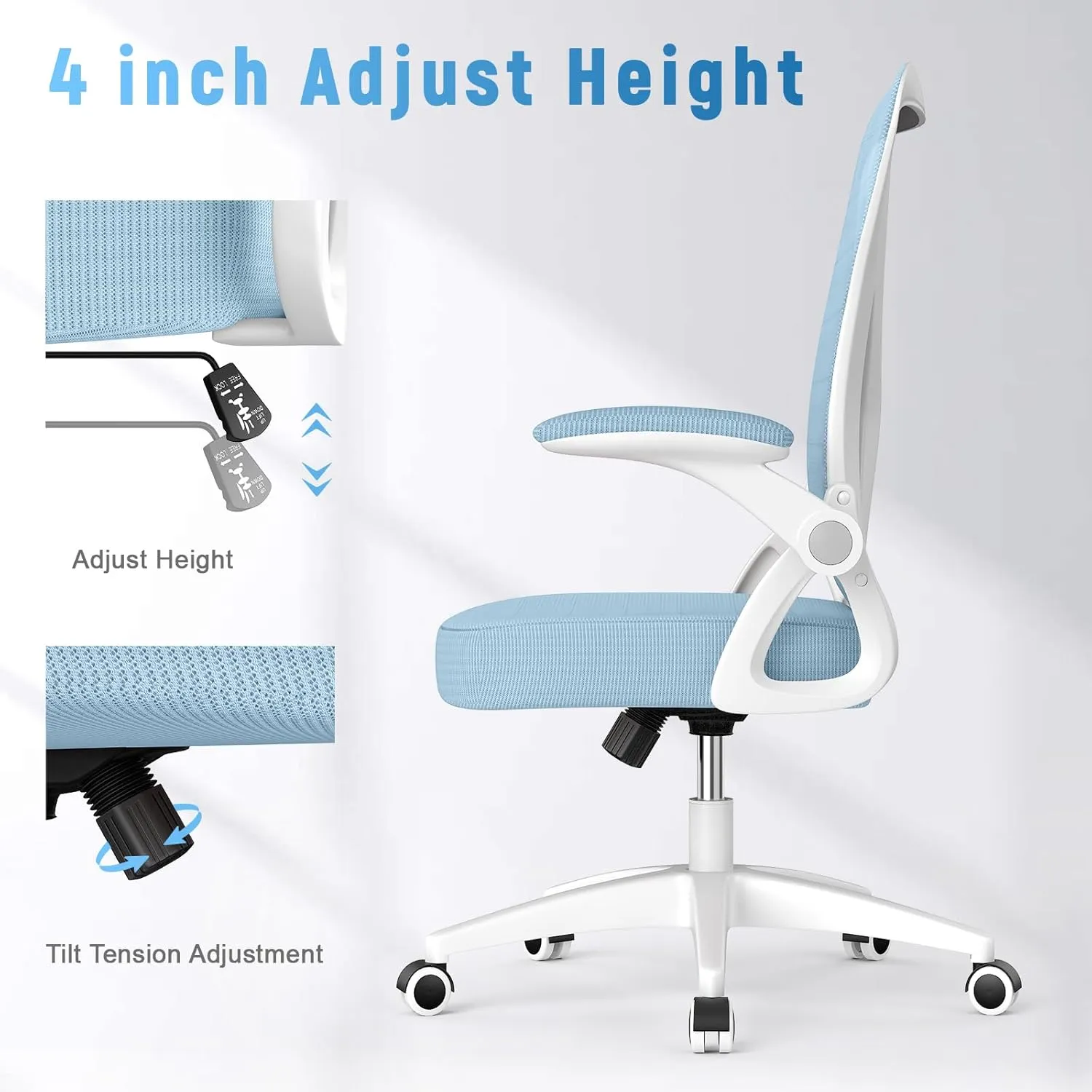 naspaluro Ergonomic Office Chair, Mid Back Desk Chair with Adjustable Height, Swivel Chair with Flip-Up Arms and Lumbar Support, Breathable Mesh Computer Chair for Home/Study/Working, Blue