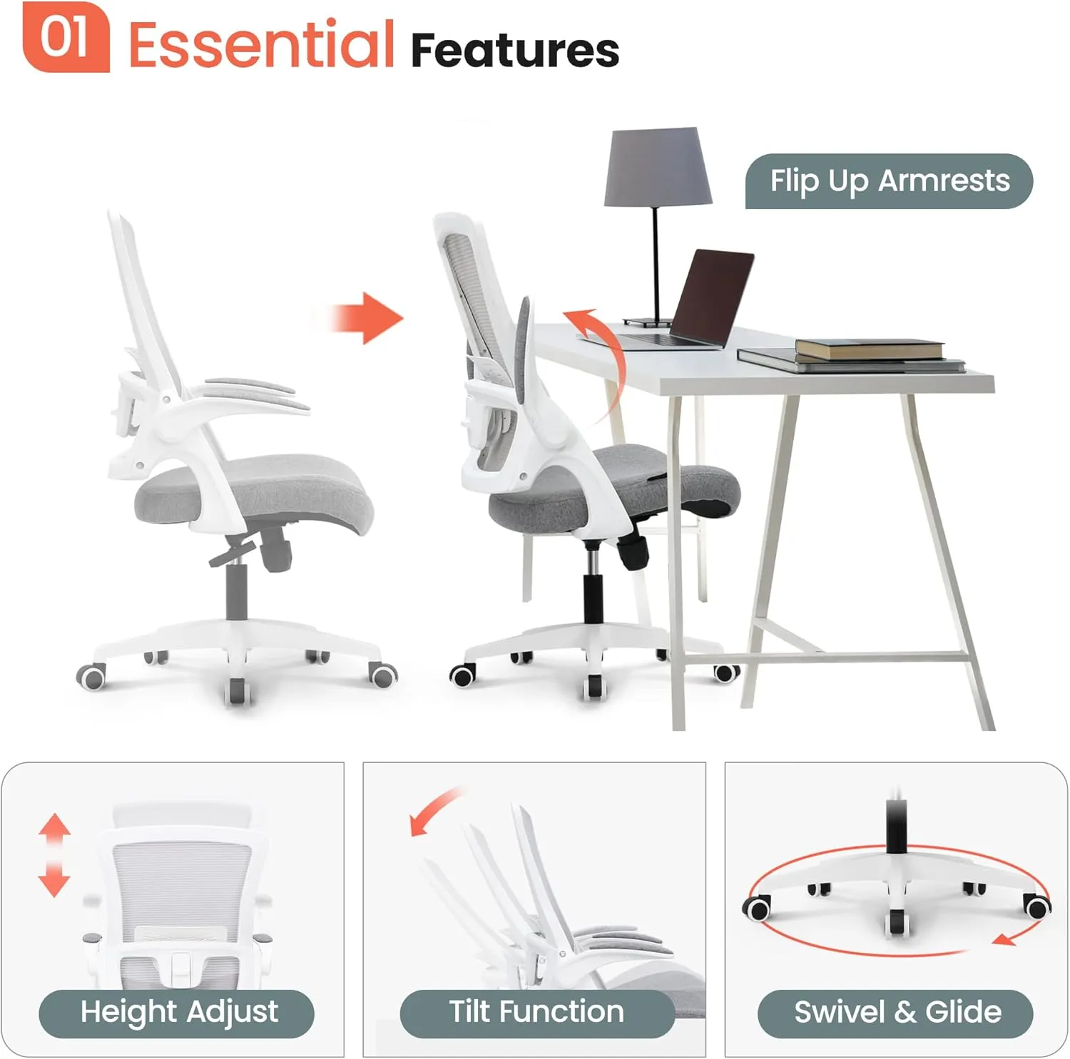 NEO CHAIR High Back Mesh Office Chair with Adjustable Height Ergonomic Design Executive Lumbar Support Padded Flip-up Armrests and Swivel Function for Home Office Gaming Computer Desk (Grey)