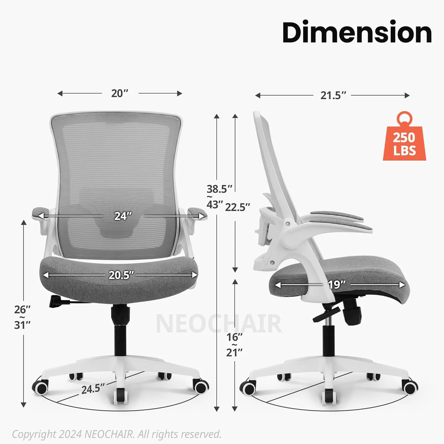 NEO CHAIR High Back Mesh Office Chair with Adjustable Height Ergonomic Design Executive Lumbar Support Padded Flip-up Armrests and Swivel Function for Home Office Gaming Computer Desk (Grey)