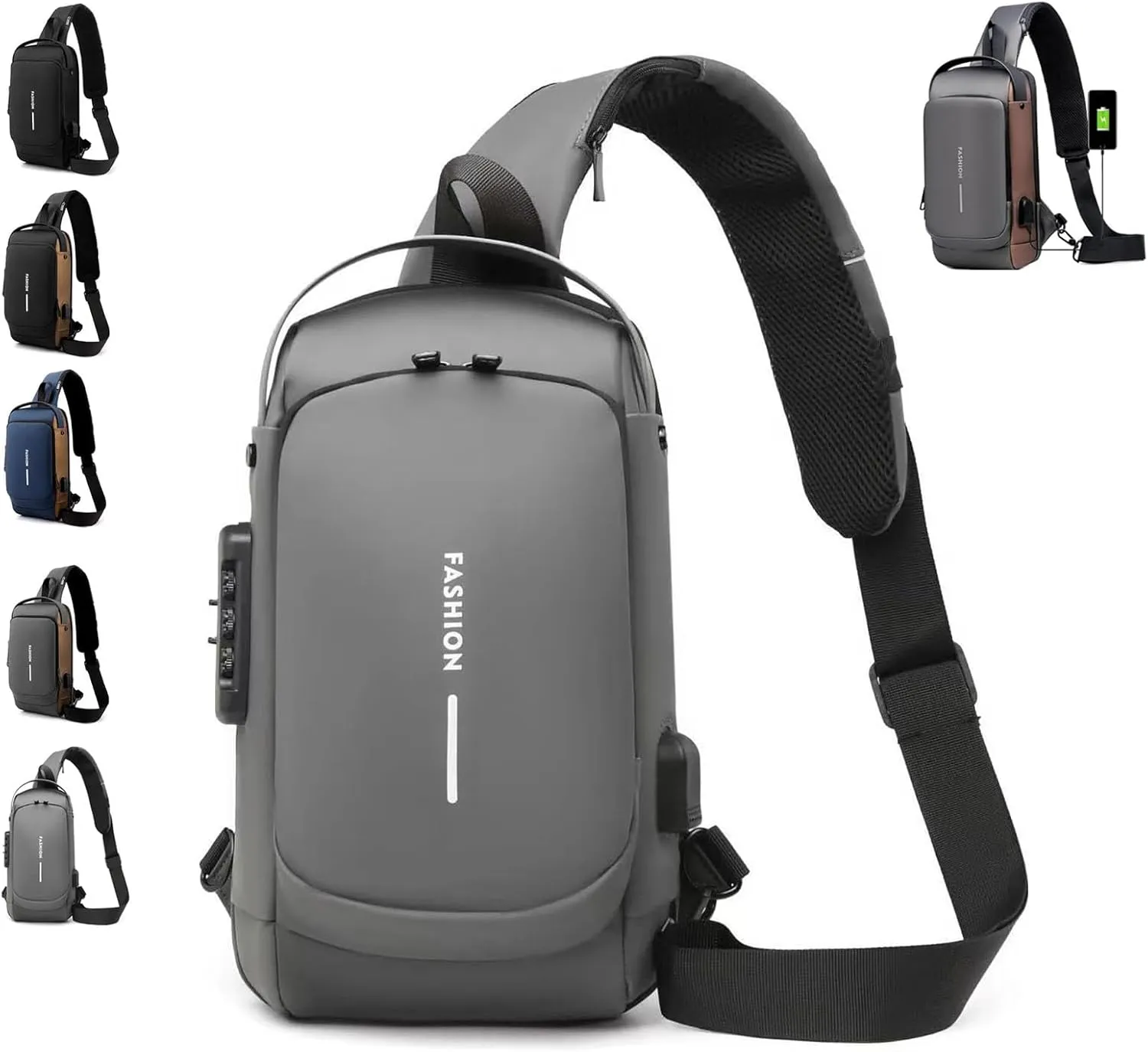 New Carbon Fiber Streamline Anti-theft Sling Bag-USB Charging & Lock, Waterproof Cross Body Anti Theft Sport Shoulder Purse (Grey)