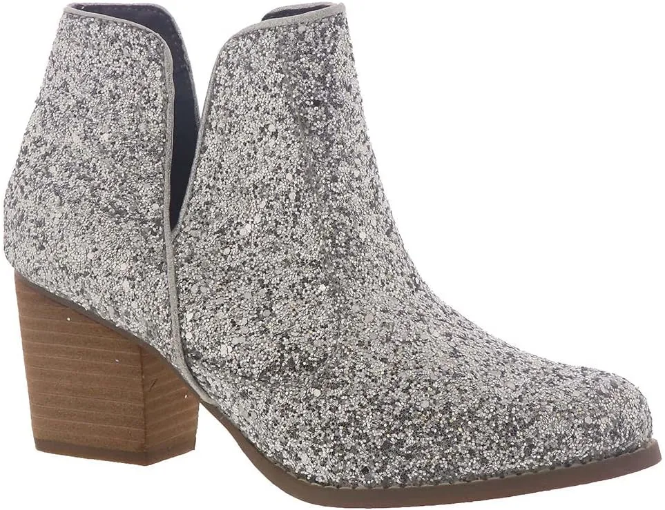 Not Rated Fiera High Heel V-Cut Boot, Sparkly Ankle Boots for Women with Almond Toe, Dress Shoe with 2-3/4" Stacked Block Heel