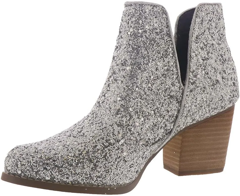 Not Rated Fiera High Heel V-Cut Boot, Sparkly Ankle Boots for Women with Almond Toe, Dress Shoe with 2-3/4" Stacked Block Heel