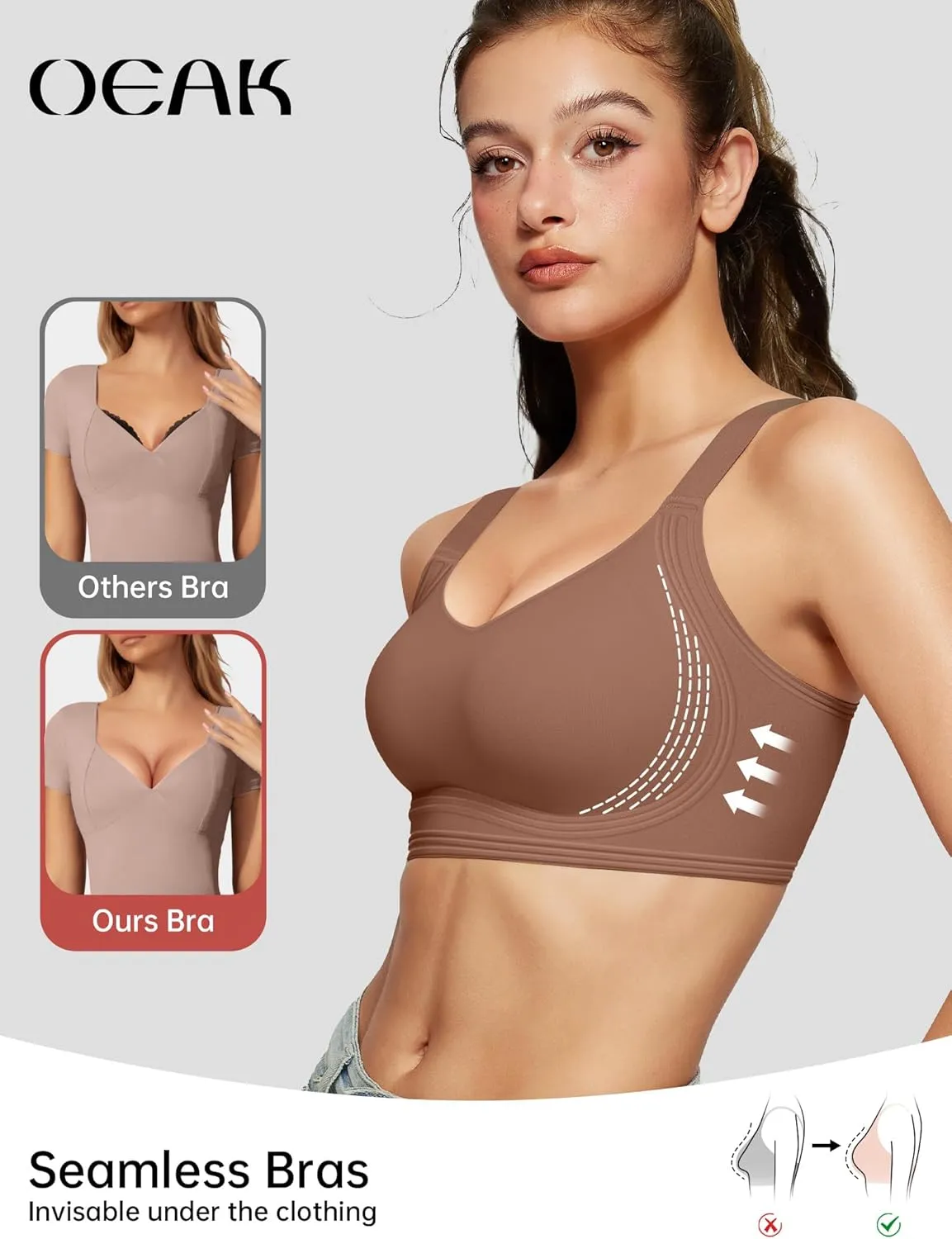 OEAK Womens Seamless Push Up Bras No Underwire Full Coverage Comfortable Bra V Neck Bralettes Wireless Everyday Bra