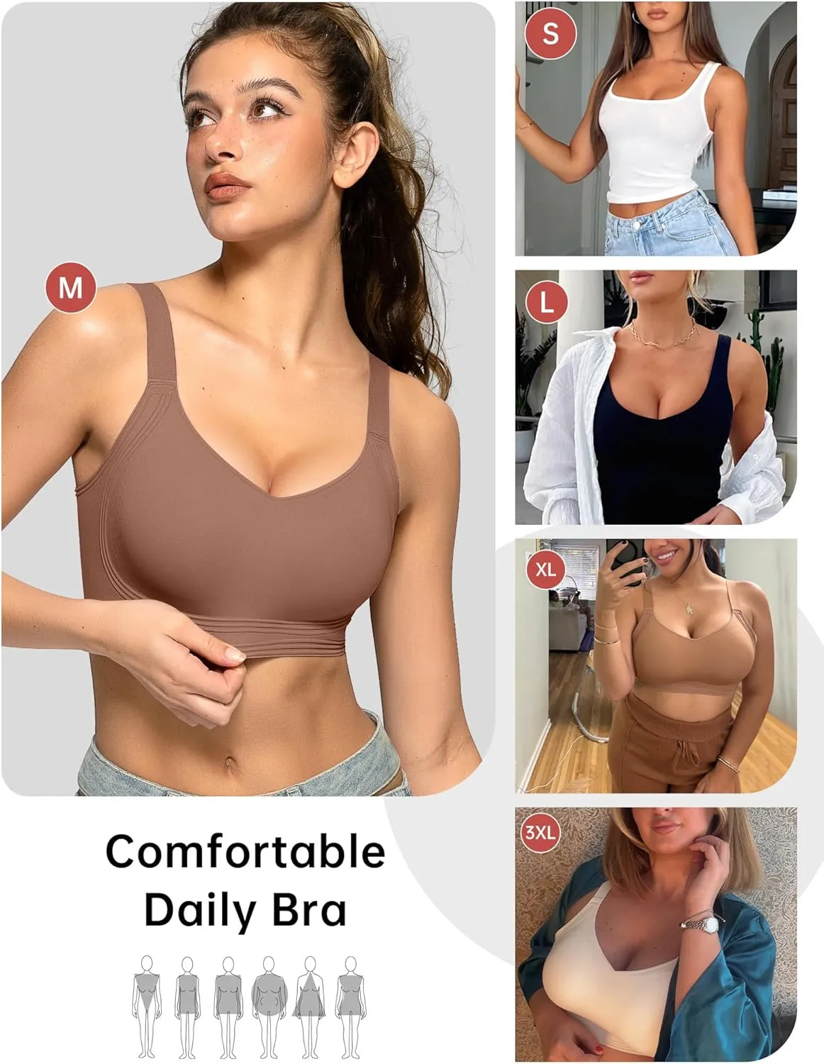 OEAK Womens Seamless Push Up Bras No Underwire Full Coverage Comfortable Bra V Neck Bralettes Wireless Everyday Bra