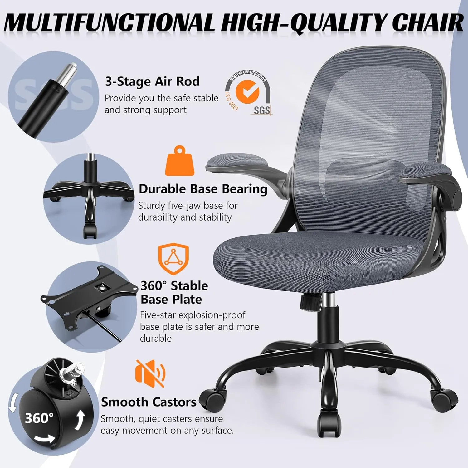 Office Chair Ergonomic Desk Chair with Adjustable 3D Lumbar Support and Height, Comfy Mesh Computer Chair with Flip-up Armrests, Swivel Rolling Task Chair with Wheels (Dark Gray)