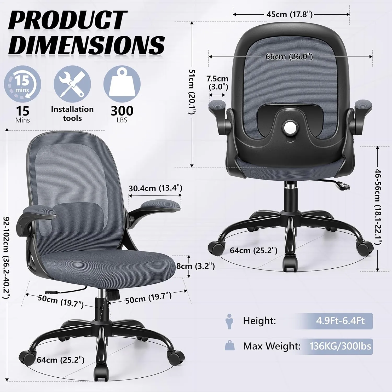 Office Chair Ergonomic Desk Chair with Adjustable 3D Lumbar Support and Height, Comfy Mesh Computer Chair with Flip-up Armrests, Swivel Rolling Task Chair with Wheels (Dark Gray)