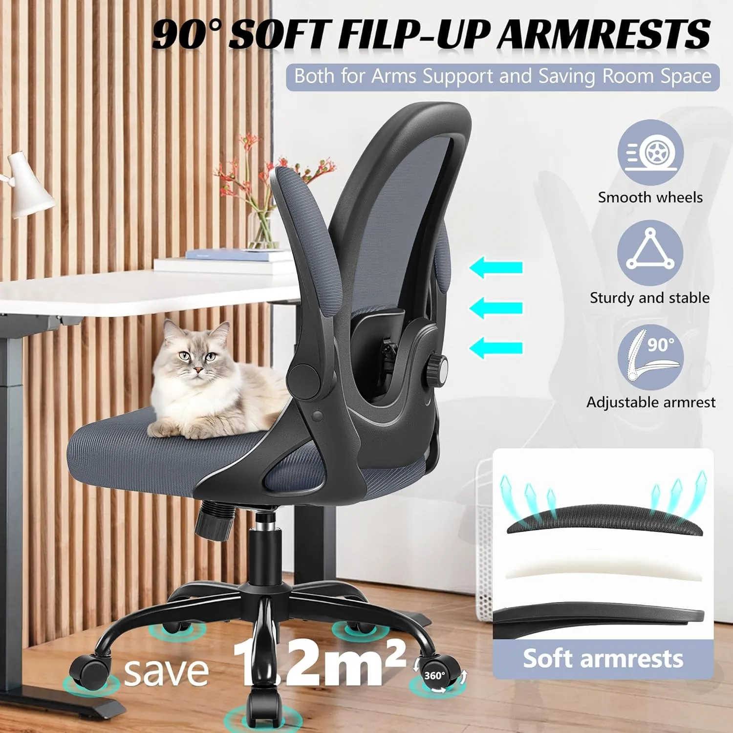 Office Chair Ergonomic Desk Chair with Adjustable 3D Lumbar Support and Height, Comfy Mesh Computer Chair with Flip-up Armrests, Swivel Rolling Task Chair with Wheels (Dark Gray)