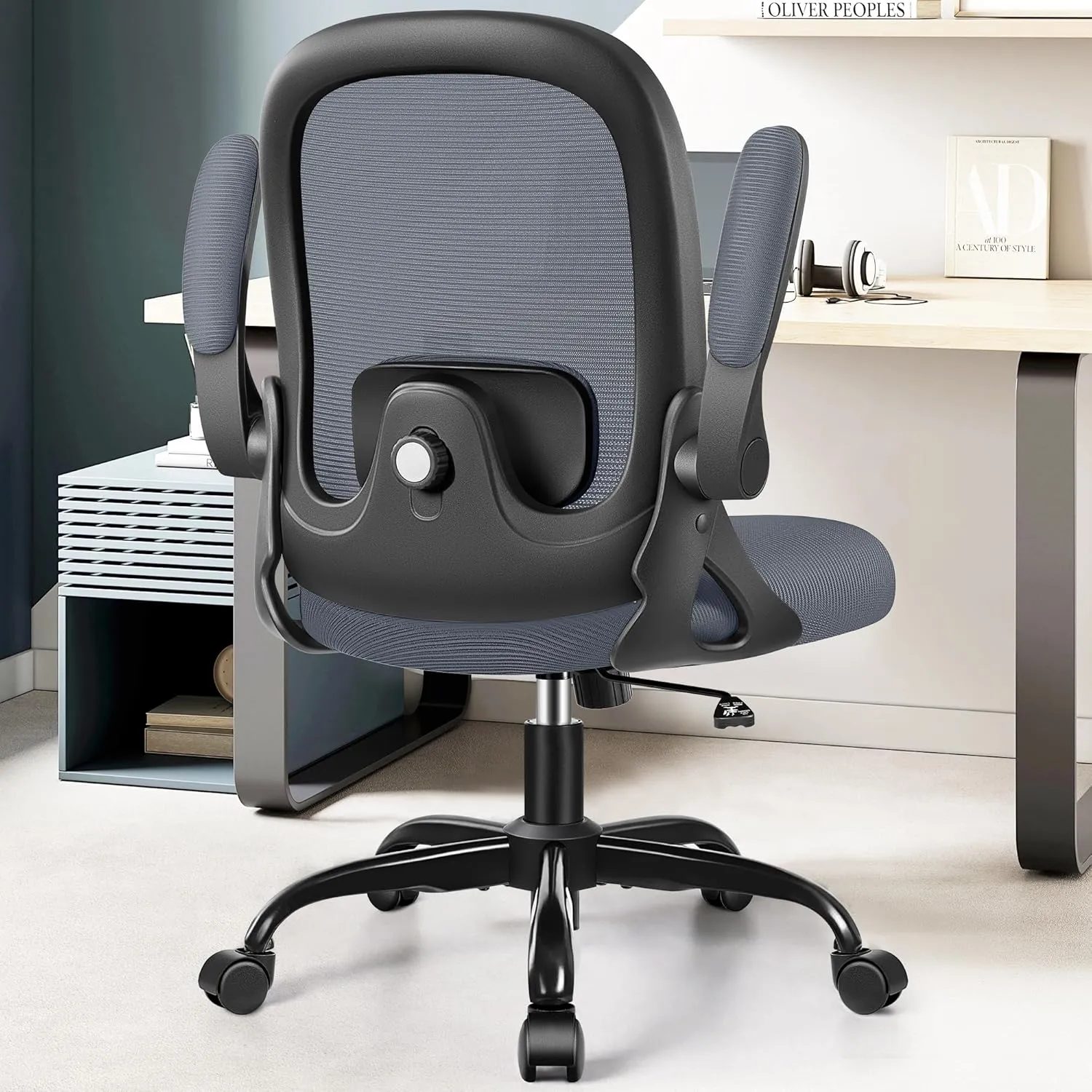 Office Chair Ergonomic Desk Chair with Adjustable 3D Lumbar Support and Height, Comfy Mesh Computer Chair with Flip-up Armrests, Swivel Rolling Task Chair with Wheels (Dark Gray)