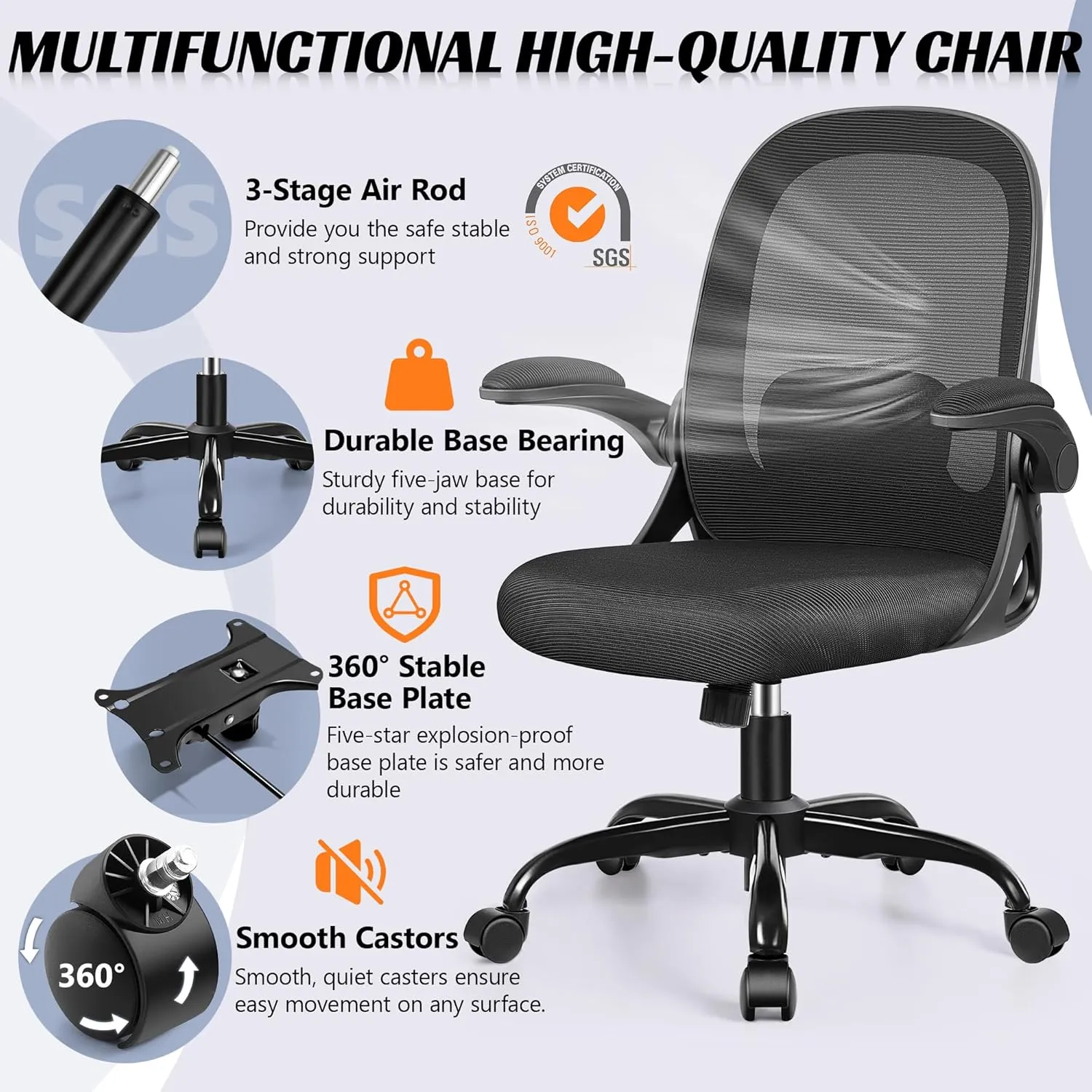 Office Chair Ergonomic Desk Chair with Adjustable 3D Lumbar Support and Height, Comfy Mesh Computer Chair with Flip-up Armrests, Swivel Rolling Task Chair with Wheels for Home Office (Black)