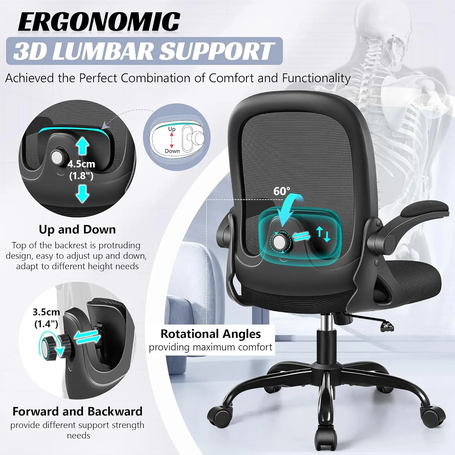 Office Chair Ergonomic Desk Chair with Adjustable 3D Lumbar Support and Height, Comfy Mesh Computer Chair with Flip-up Armrests, Swivel Rolling Task Chair with Wheels for Home Office (Black)