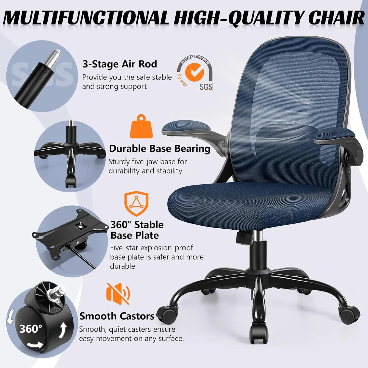 Office Chair Ergonomic Desk Chair with Adjustable 3D Lumbar Support and Height, Comfy Mesh Computer Chair with Flip-up Armrests, Swivel Rolling Task Chair with Wheels for Home Office (Navy)