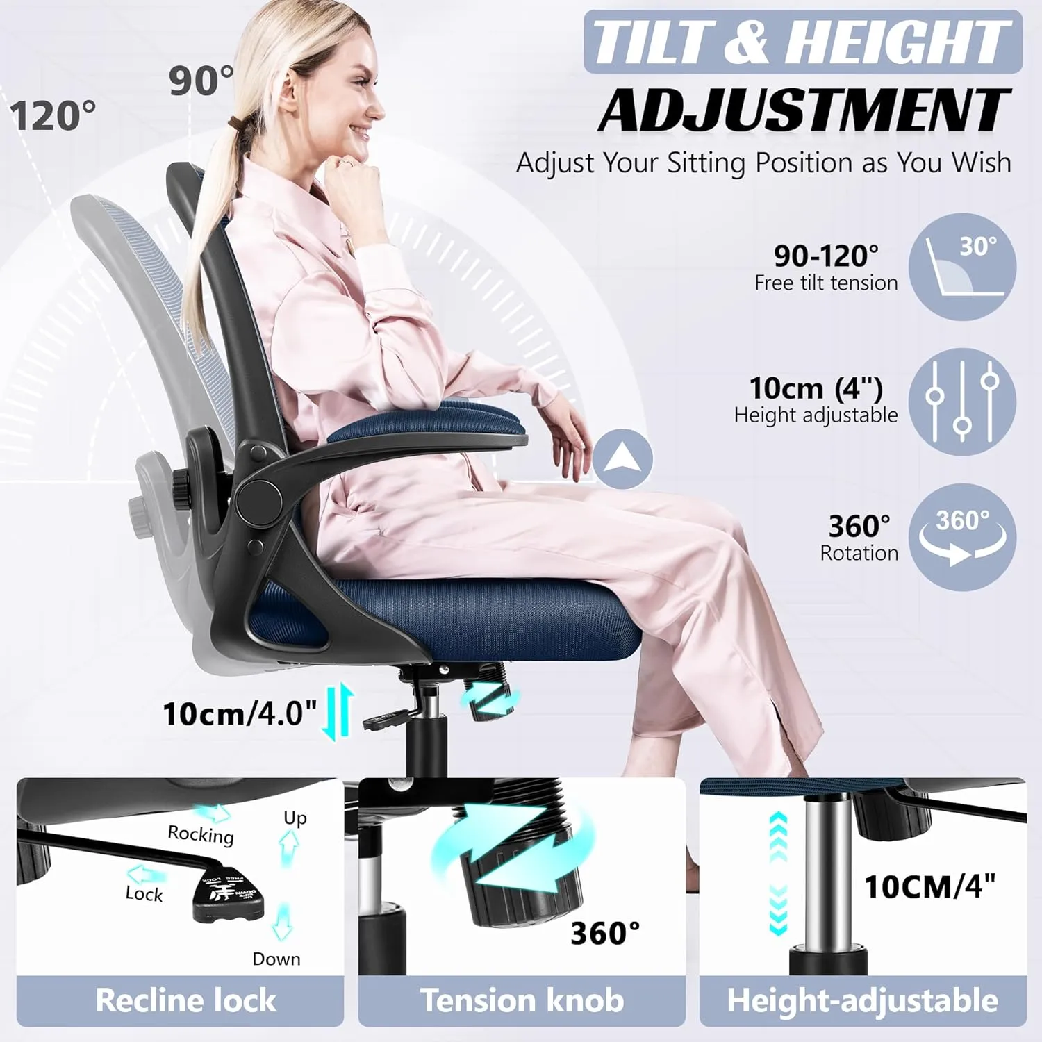 Office Chair Ergonomic Desk Chair with Adjustable 3D Lumbar Support and Height, Comfy Mesh Computer Chair with Flip-up Armrests, Swivel Rolling Task Chair with Wheels for Home Office (Navy)