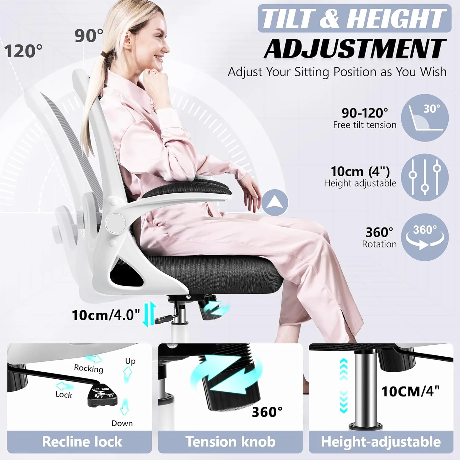 Office Chair Ergonomic Desk Chair with Adjustable 3D Lumbar Support and Height, Comfy Mesh Computer Chair with Flip-up Armrests, Swivel Rolling Task Chair with Wheels for Home Office (White)