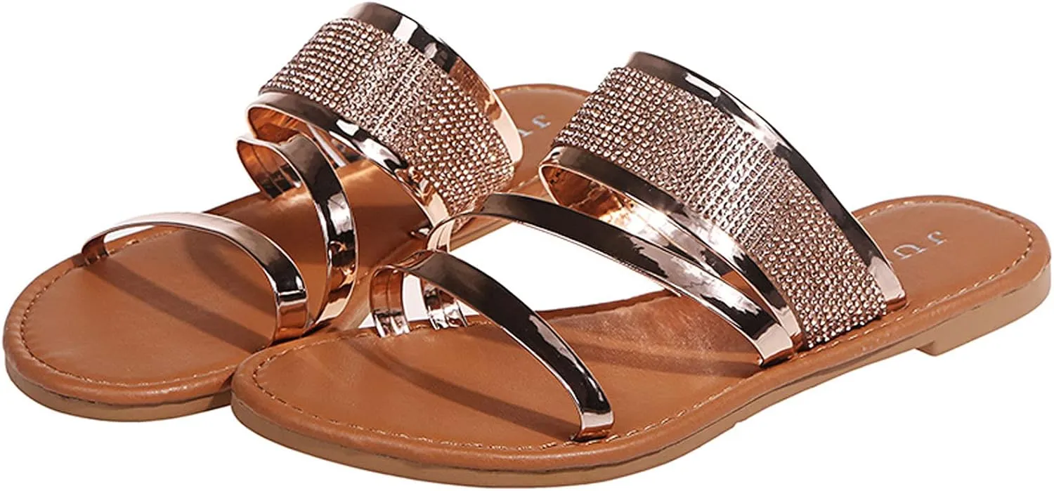 oiangi Summer Flat Sandals for Women Casual Fashion Glossy Straps Open Toe Slip-on Slipper Lightweight Comfortable Daily Shoes Flip Flops Sandalias