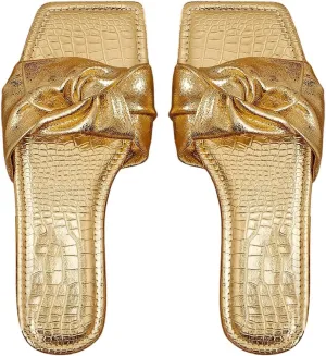 OYOANGLE Women's Metallic Sparkly Ruched Square Open Toe Side Sandals Ruched Single Band Flat Sandal