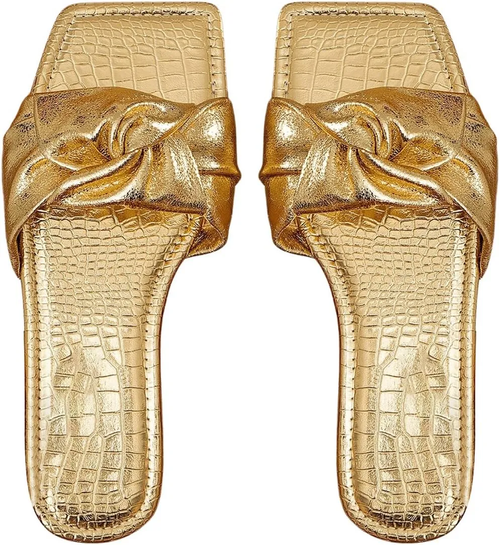 OYOANGLE Women's Metallic Sparkly Ruched Square Open Toe Side Sandals Ruched Single Band Flat Sandal