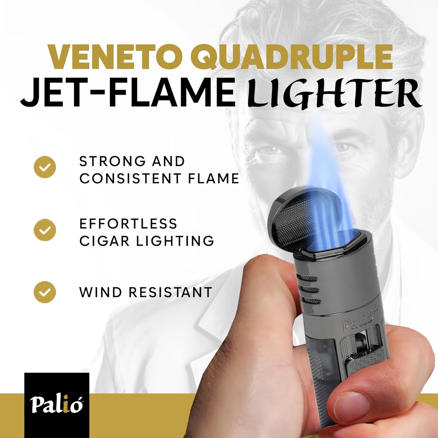 Palió Veneto Quadruple Jet Flame Butane Torch Lighter, Clear | High Capacity Tank, Adjustable Flame, Ergonomic Design with Integrated Lanyard Loop, Flip-Top Lid Doubles as Rest