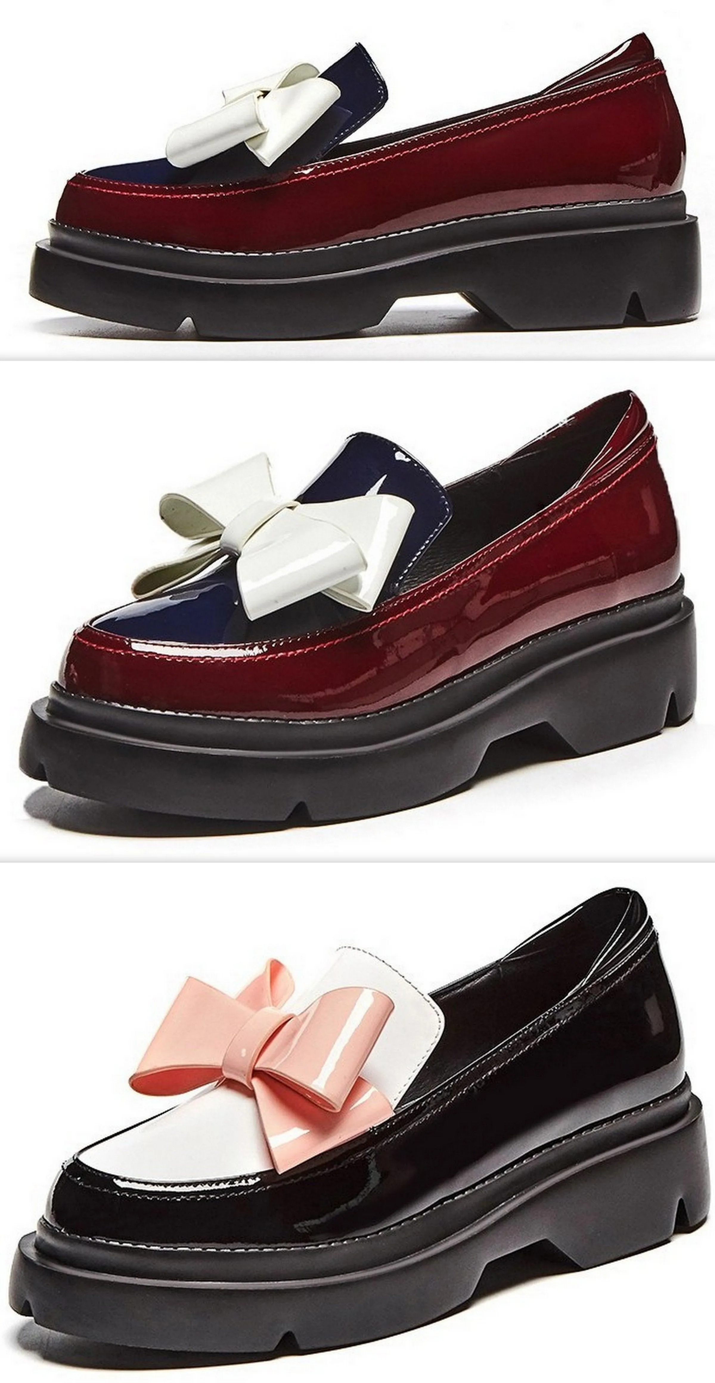 Patent Leather Bow Platform Loafers - Burgundy or Black